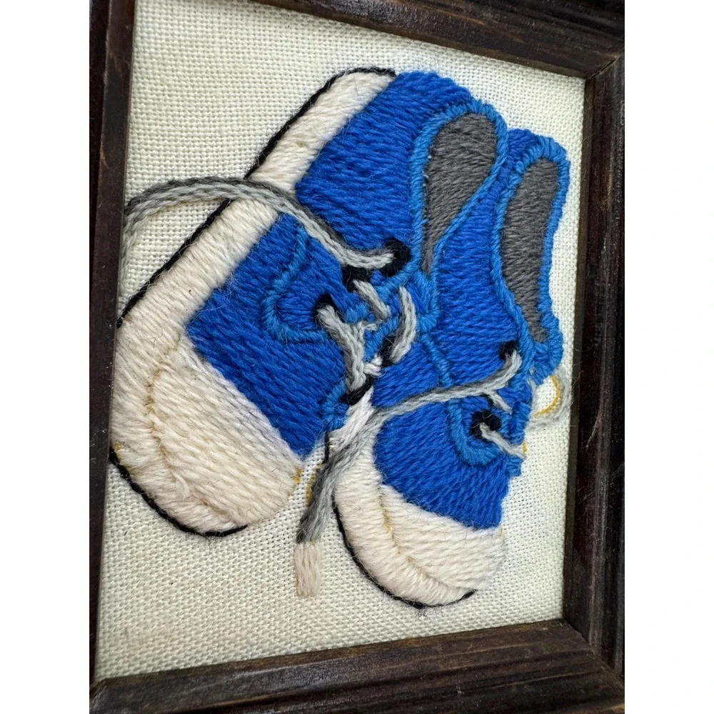 Vintage Crewel Embroidery Framed Wall Art Blue Sneakers Tennis Shoes Folk Art